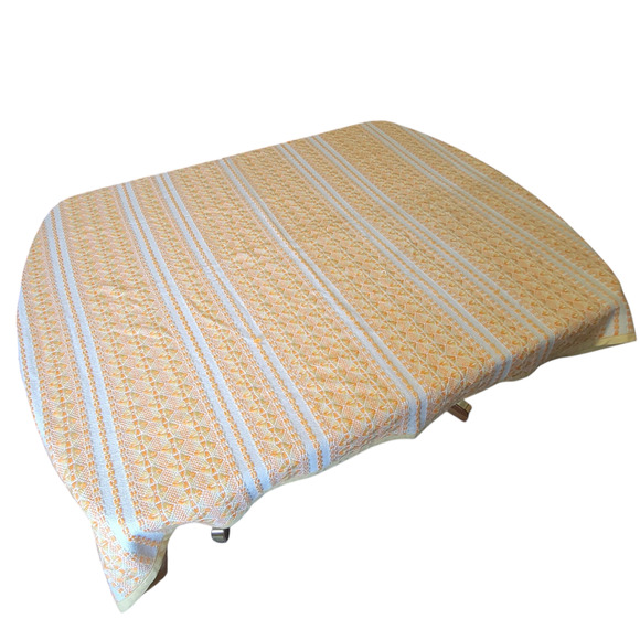 Vtg Yellow White Embroidered Cotton Tablecloth 48x72 Woven 1960s 1970s MCM - Picture 2 of 12